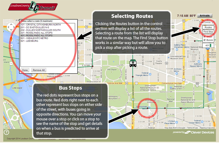 Selecting Routes - Clicking the Routes button in the control section will display a list of all the LCT routes.  Selecting a route from the list will display that route on the map.  The Find Stop button works in a similar way but will allow you to pick a stop after picking a route.