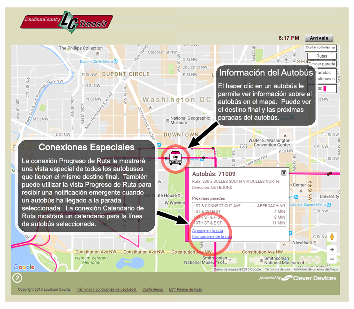 Bus Information - You can view information about any bus on the map including the final destination and the next few stops by clicking on the bus. Special Links - The Route Progress link will display a special view showing all buses with the same final destination as this bus.  You can also use that view to receive a pop-up notification when a bus has reached a selected stop. The Route Schedule link will display the LCT schedule for the selected bus line.