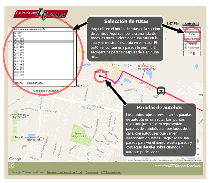 Selecting Routes - Clicking the Routes button in the control section will display a list of all the LCT routes.  Selecting a route from the list will display that route on the map.  The Find Stop button works in a similar way but will allow you to pick a stop after picking a route.